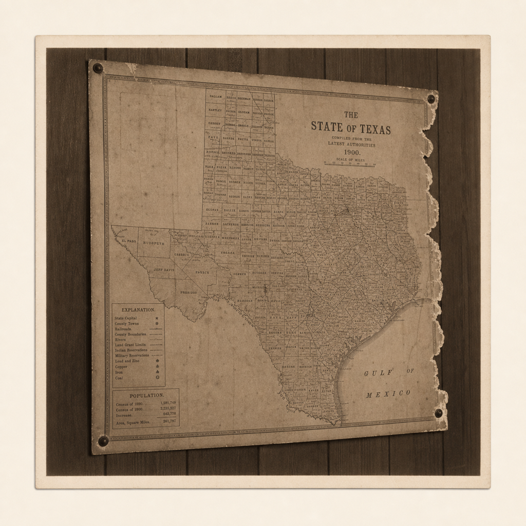 Hand-drawn map of Texas counties